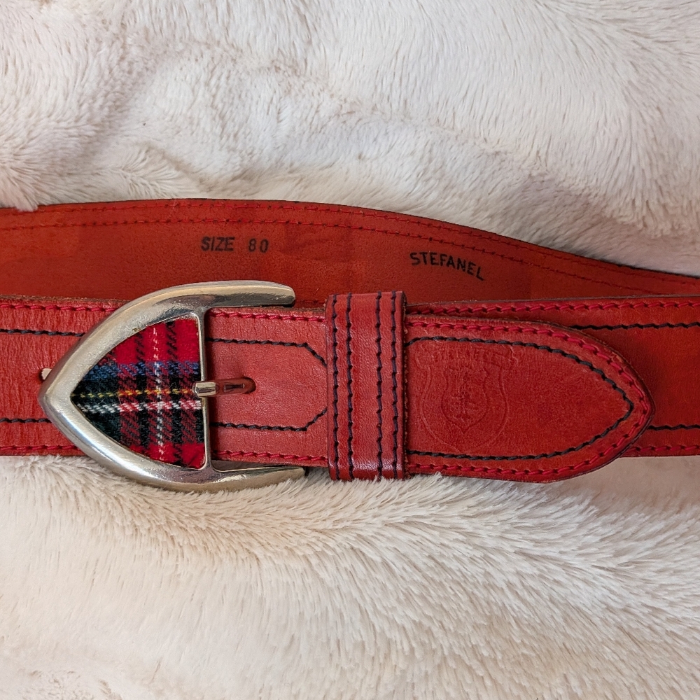 Vintage Stefanel Red Plaid Leather Belt with Silver Buckle small
